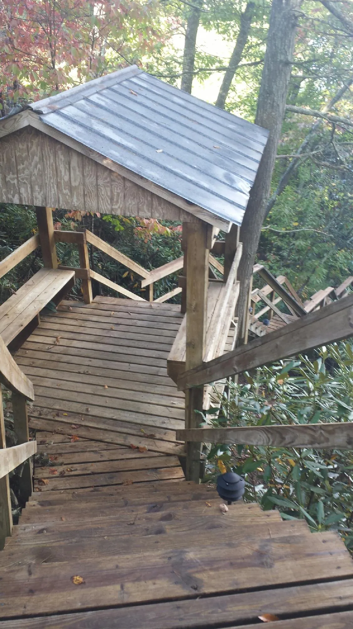 Metal roofed shelter over wooden steps on a wooded walkway — Skylight Repair & Installation work by our crew in Osco